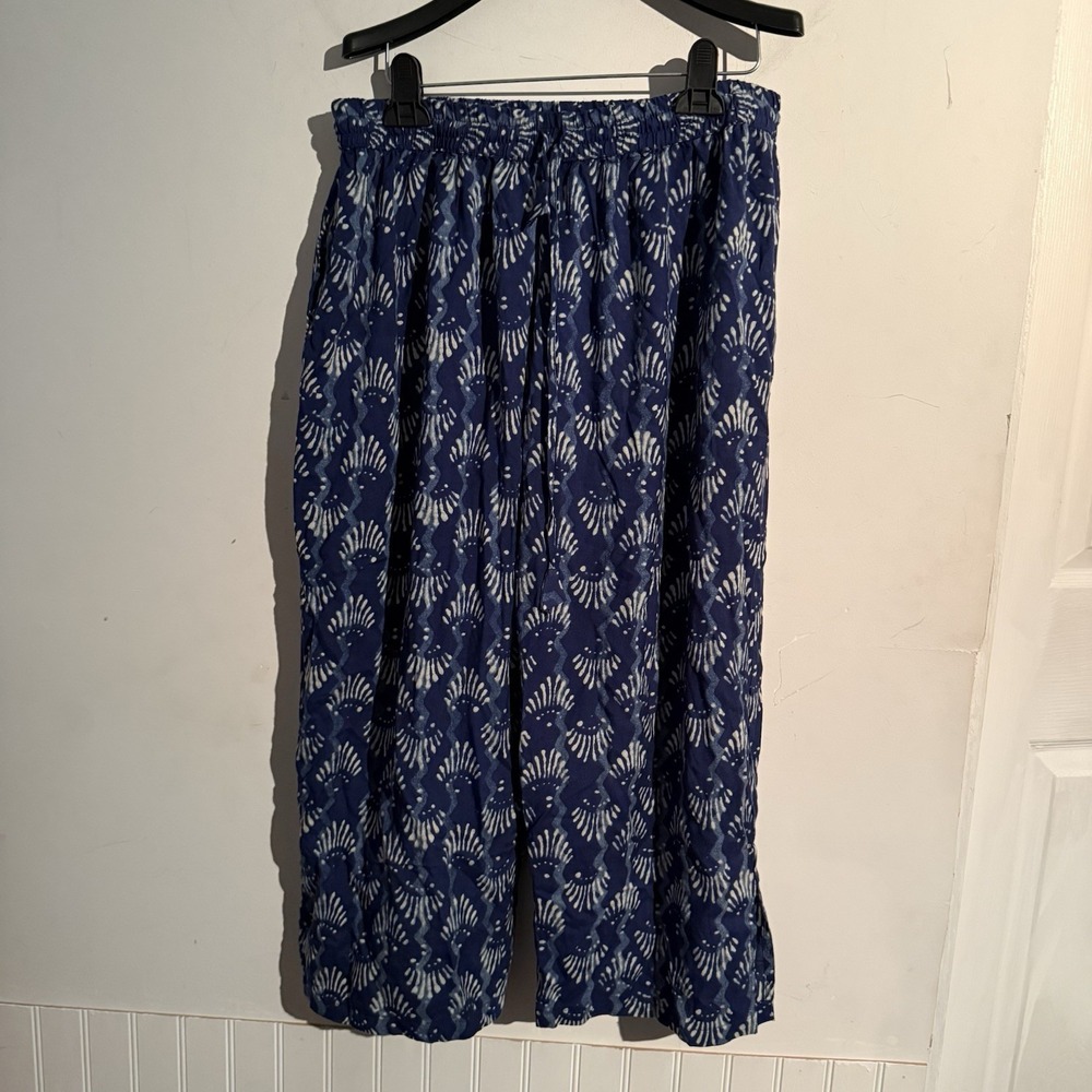Raya Sun XL Wide Leg Boho Batik Pants Indigo Dabu Pull On Festival Cotton Blend